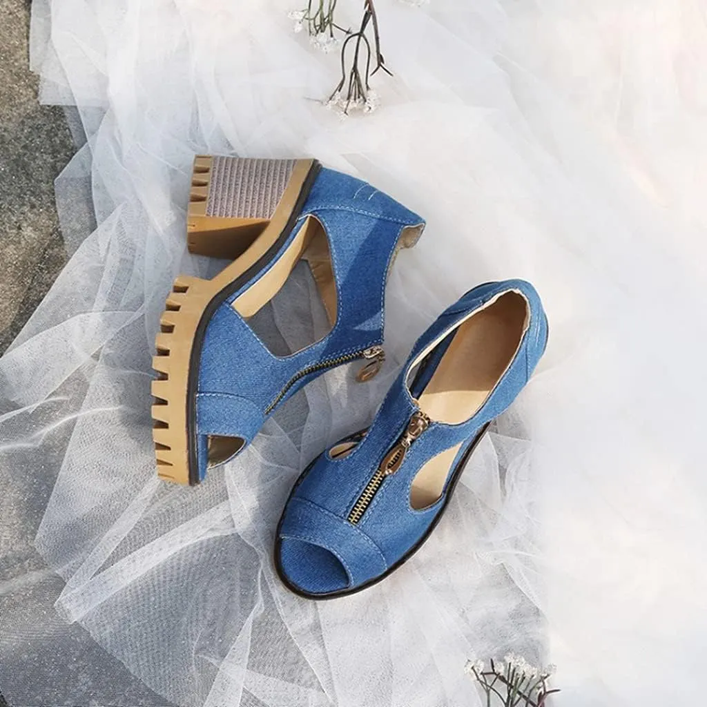 MIOKE Women's Chunky Stacked High Heels Sandals Peep Toe Denim Zipper Summer Platform Block Heeled Sandal