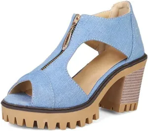MIOKE Women's Chunky Stacked High Heels Sandals Peep Toe Denim Zipper Summer Platform Block Heeled Sandal