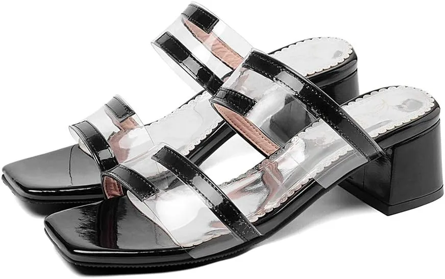 MIOKE Women's Clear Heeled Slide Sandals Toe Ring Open Toe Slip On Block Low Heel Jelly Dressy Flipflops