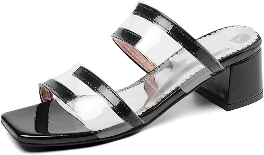 MIOKE Women's Clear Heeled Slide Sandals Toe Ring Open Toe Slip On Block Low Heel Jelly Dressy Flipflops