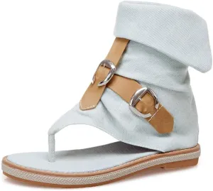 MIOKE Women's Denim Flat Sandals Cuff Booties Buckle Zipper Comfort Summer Casual Thong Flip Flops Shoes