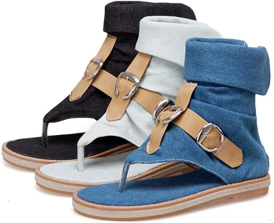 MIOKE Women's Denim Flat Sandals Cuff Booties Buckle Zipper Comfort Summer Casual Thong Flip Flops Shoes