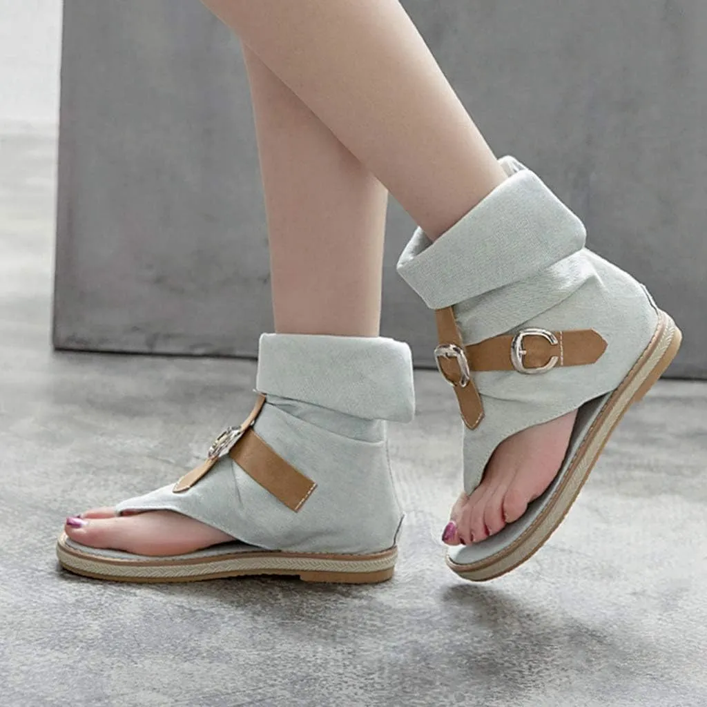 MIOKE Women's Denim Flat Sandals Cuff Booties Buckle Zipper Comfort Summer Casual Thong Flip Flops Shoes