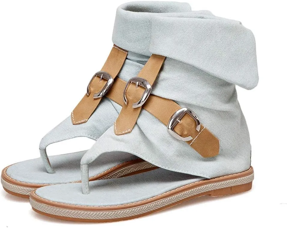 MIOKE Women's Denim Flat Sandals Cuff Booties Buckle Zipper Comfort Summer Casual Thong Flip Flops Shoes