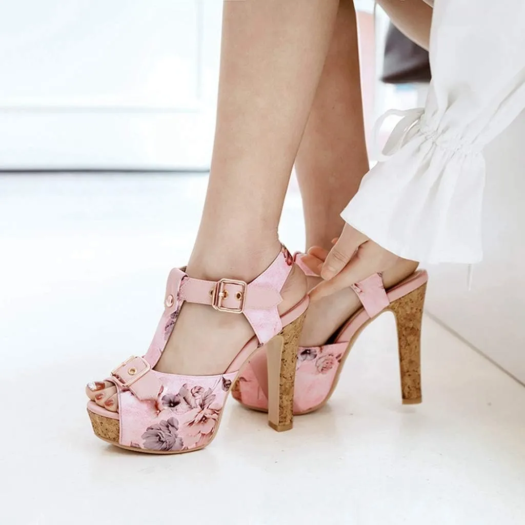 MIOKE Women's Floral Platform Chunky Block Heel Sandals Peep Toe T-Strap Buckle Cork High Heeled Sandal