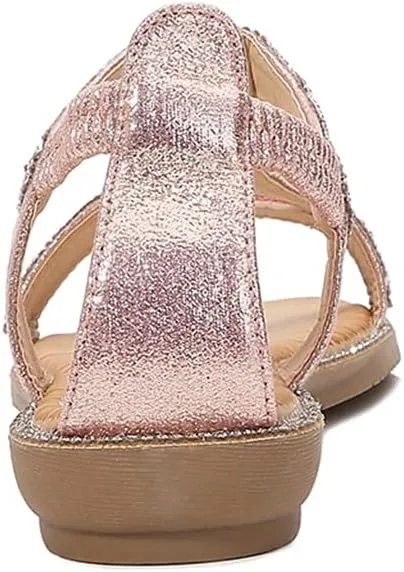 MIOKE Women's Glitter Rhinestone T-strap Flat Sandals Boho Open Toe Elastic Slingback Summer Beach Shoes