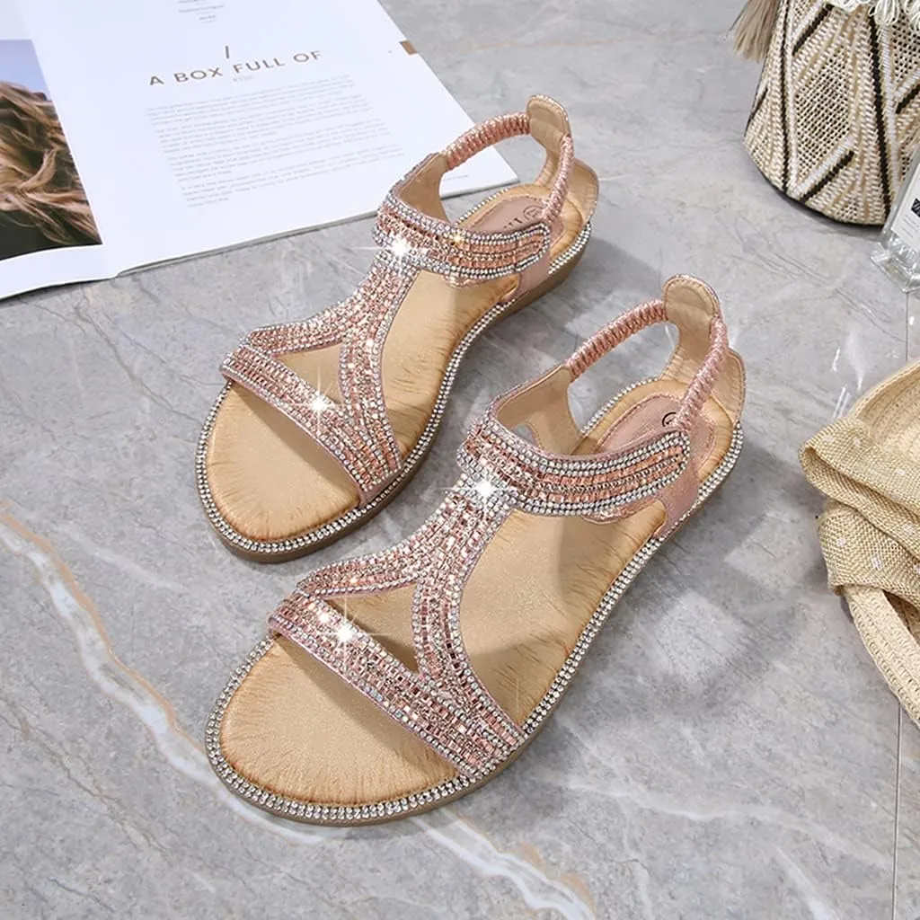 MIOKE Women's Glitter Rhinestone T-strap Flat Sandals Boho Open Toe Elastic Slingback Summer Beach Shoes