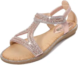 MIOKE Women's Glitter Rhinestone T-strap Flat Sandals Boho Open Toe Elastic Slingback Summer Beach Shoes