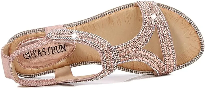 MIOKE Women's Glitter Rhinestone T-strap Flat Sandals Boho Open Toe Elastic Slingback Summer Beach Shoes