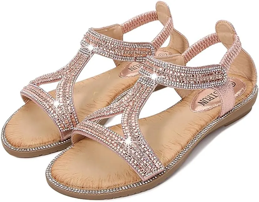 MIOKE Women's Glitter Rhinestone T-strap Flat Sandals Boho Open Toe Elastic Slingback Summer Beach Shoes