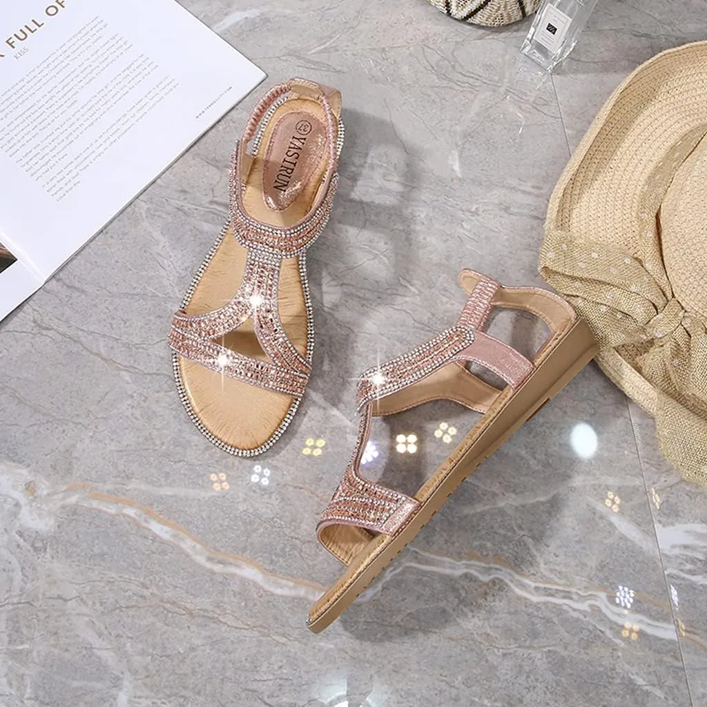 MIOKE Women's Glitter Rhinestone T-strap Flat Sandals Boho Open Toe Elastic Slingback Summer Beach Shoes
