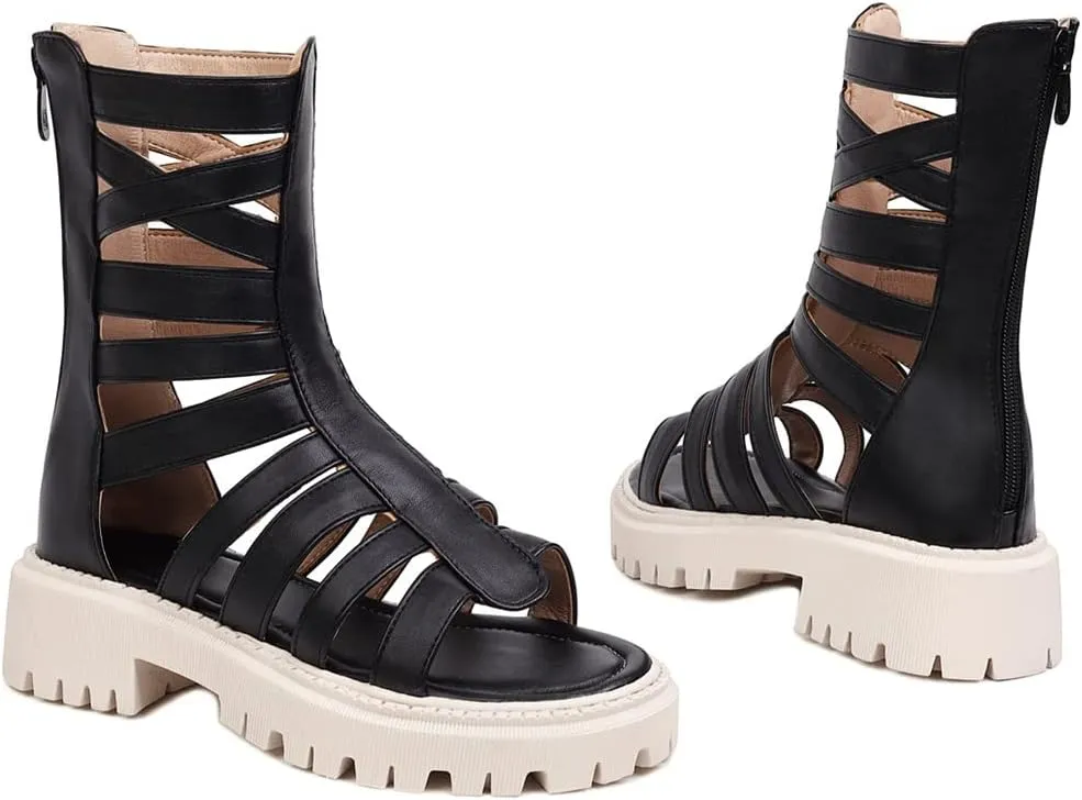MIOKE Women's Open Toe Gladiator Flat Sandals Fashion Strappy Mid Calf Zipper Low Heel Dress Boots Shoes