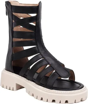 MIOKE Women's Open Toe Gladiator Flat Sandals Fashion Strappy Mid Calf Zipper Low Heel Dress Boots Shoes