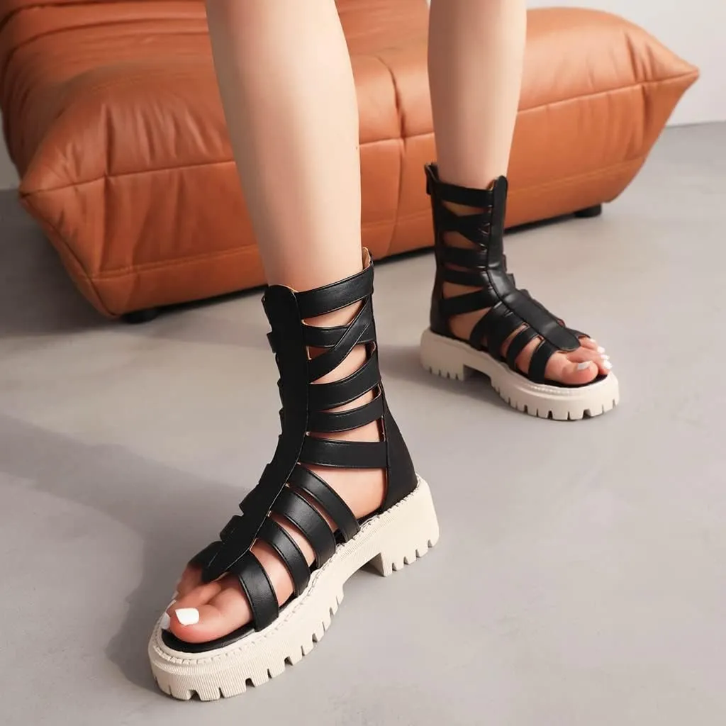 MIOKE Women's Open Toe Gladiator Flat Sandals Fashion Strappy Mid Calf Zipper Low Heel Dress Boots Shoes