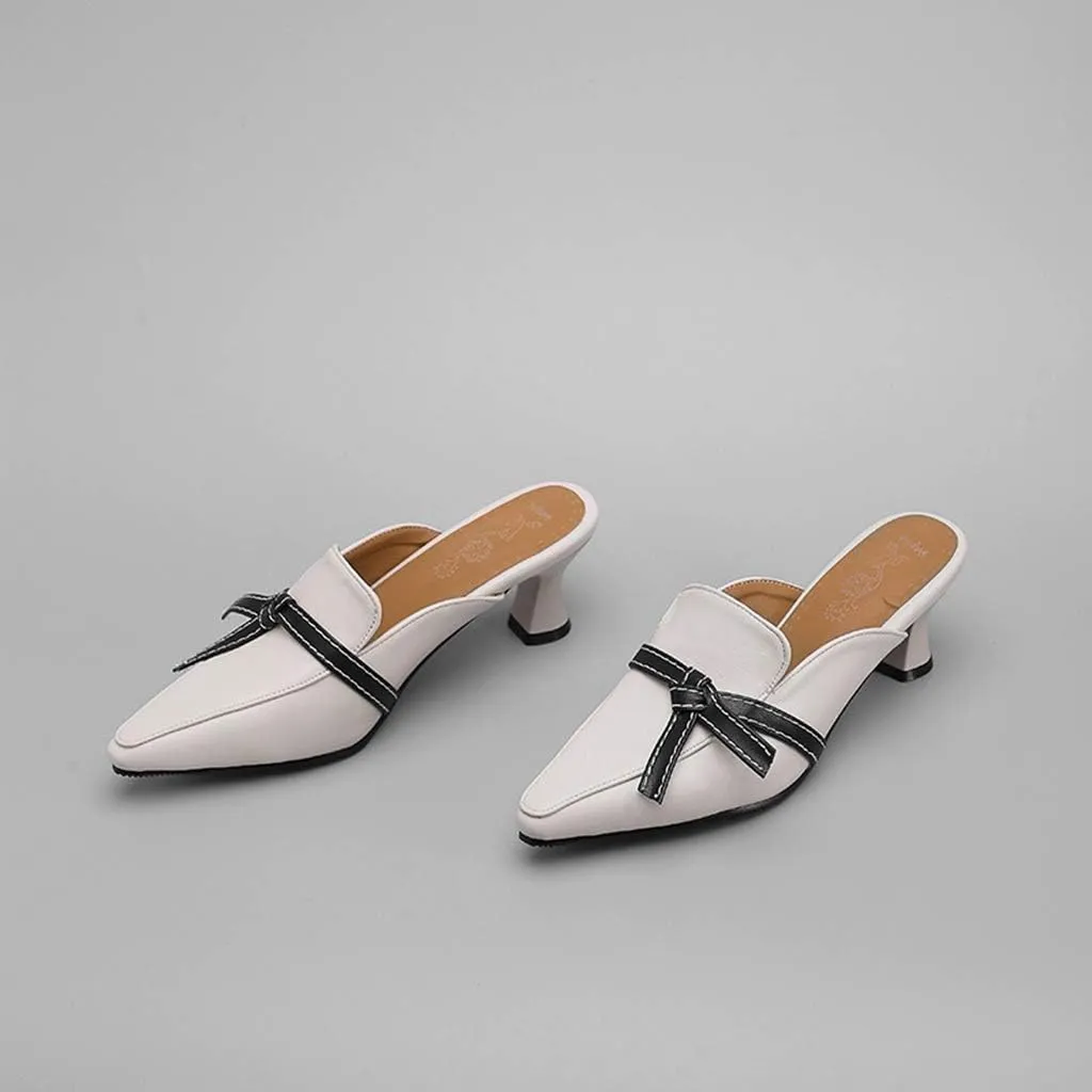 MIOKE Women's Pointed Toe Comfy Kitten Mules Low Heel Backless Bow Pump Slip On Slide Sandal Office Shoes