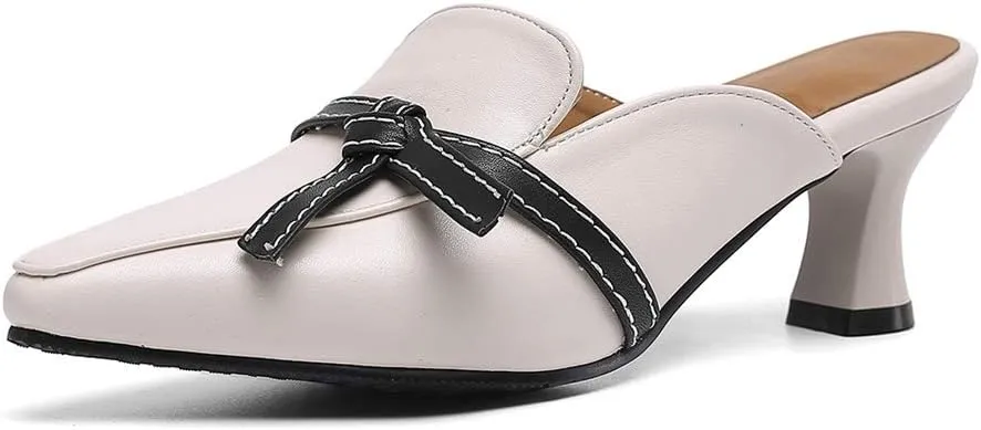 MIOKE Women's Pointed Toe Comfy Kitten Mules Low Heel Backless Bow Pump Slip On Slide Sandal Office Shoes
