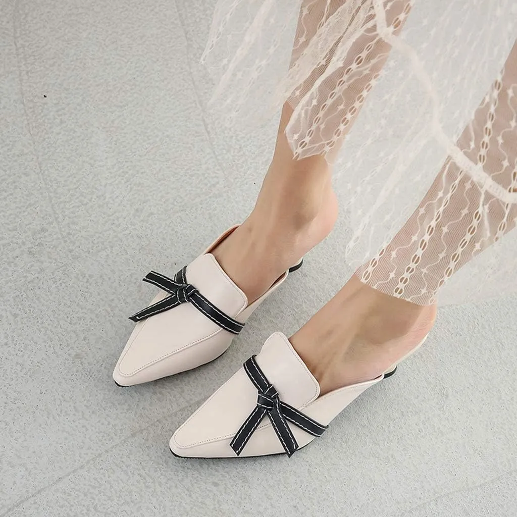 MIOKE Women's Pointed Toe Comfy Kitten Mules Low Heel Backless Bow Pump Slip On Slide Sandal Office Shoes