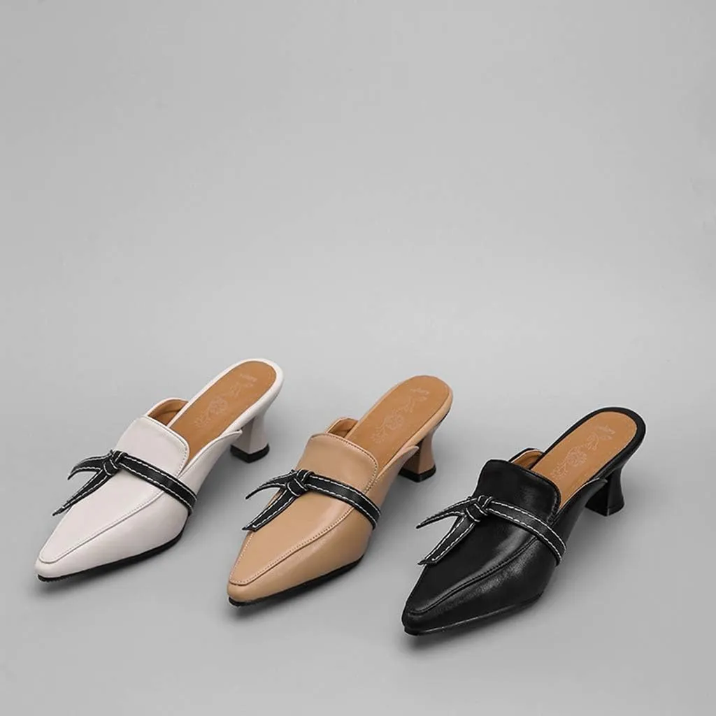 MIOKE Women's Pointed Toe Comfy Kitten Mules Low Heel Backless Bow Pump Slip On Slide Sandal Office Shoes