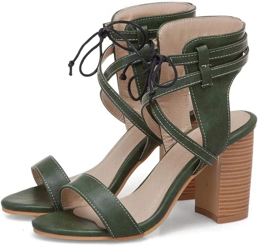MIOKE Women's Stacked Block High Heel Sandals Open Toe Cutout Lace Up Chunky Heeled Dress Sandal Pumps