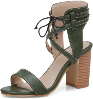 MIOKE Women's Stacked Block High Heel Sandals Open Toe Cutout Lace Up Chunky Heeled Dress Sandal Pumps