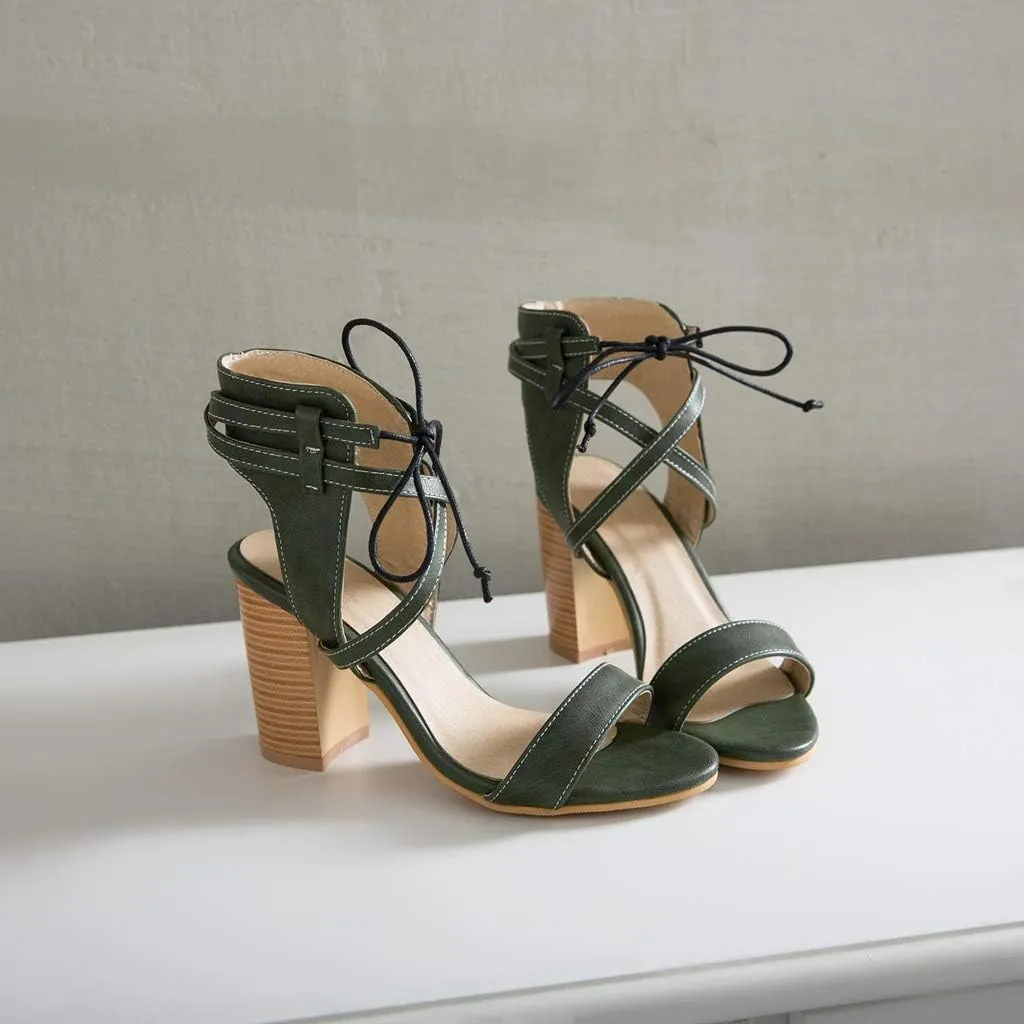 MIOKE Women's Stacked Block High Heel Sandals Open Toe Cutout Lace Up Chunky Heeled Dress Sandal Pumps