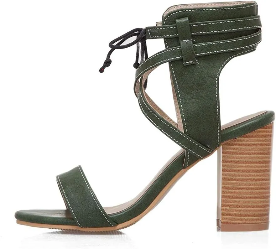MIOKE Women's Stacked Block High Heel Sandals Open Toe Cutout Lace Up Chunky Heeled Dress Sandal Pumps
