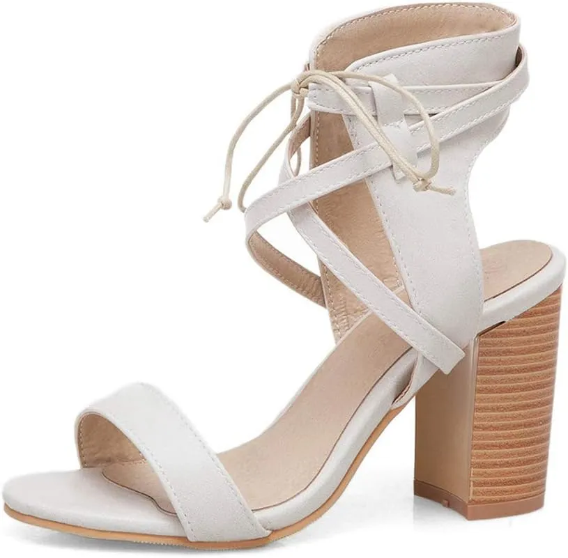 MIOKE Women's Stacked Block High Heel Sandals Open Toe Lace Up Cutout Dress Pumps Chunky Heeled Sandal