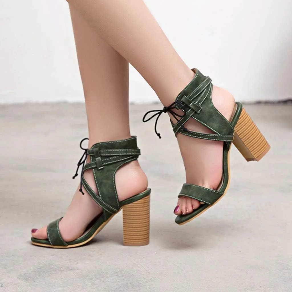 MIOKE Women's Stacked Block High Heel Sandals Open Toe Lace Up Cutout Dress Pumps Chunky Heeled Sandal