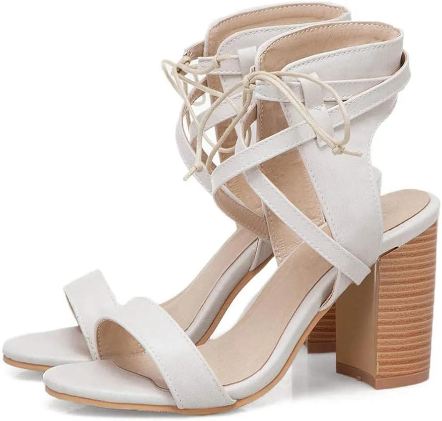 MIOKE Women's Stacked Block High Heel Sandals Open Toe Lace Up Cutout Dress Pumps Chunky Heeled Sandal