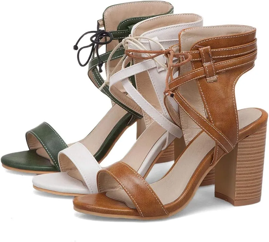 MIOKE Women's Stacked Block High Heel Sandals Open Toe Lace Up Cutout Dress Pumps Chunky Heeled Sandal