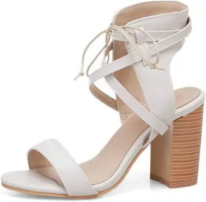 MIOKE Women's Stacked Block High Heel Sandals Open Toe Lace Up Cutout Dress Pumps Chunky Heeled Sandal
