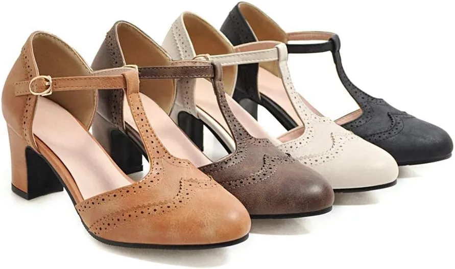 MIOKE Women's Vintage Mary Jane Pumps Round Toe Brogue Chunky Block Heel Classic Retro Dress Oxford Shoes
