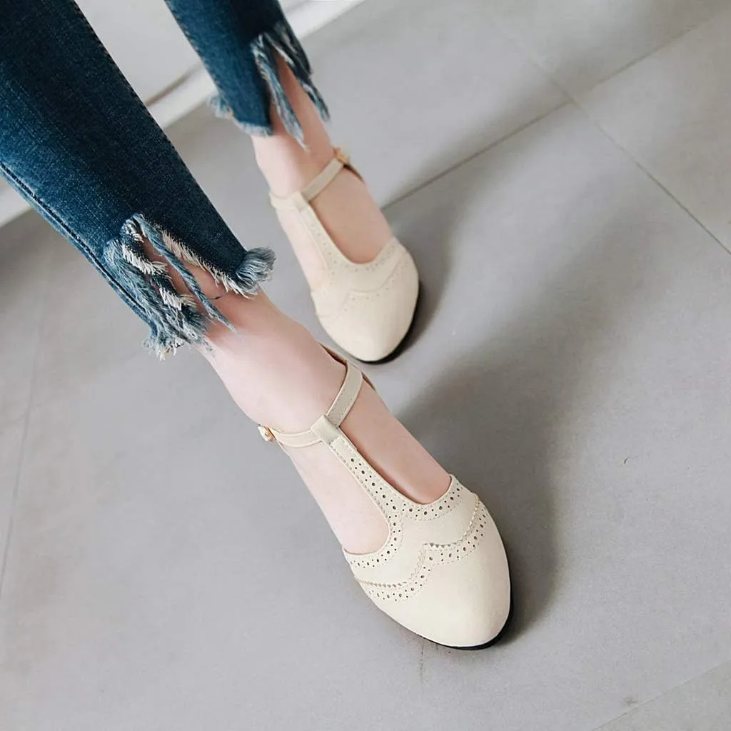 MIOKE Women's Vintage Mary Jane Pumps Round Toe Brogue Chunky Block Heel Classic Retro Dress Oxford Shoes
