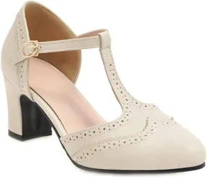 MIOKE Women's Vintage Mary Jane Pumps Round Toe Brogue Chunky Block Heel Classic Retro Dress Oxford Shoes