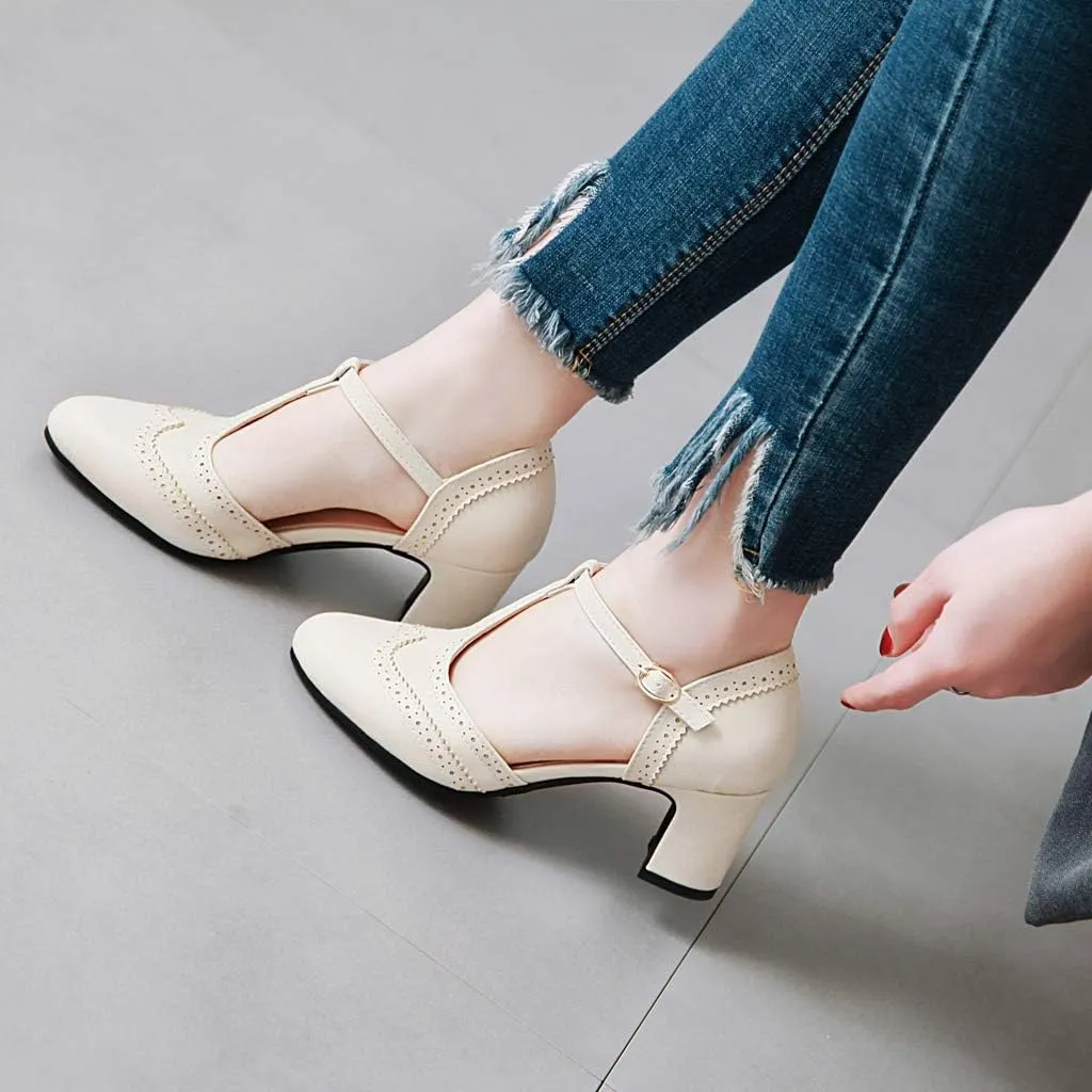 MIOKE Women's Vintage Mary Jane Pumps Round Toe Brogue Chunky Block Heel Classic Retro Dress Oxford Shoes