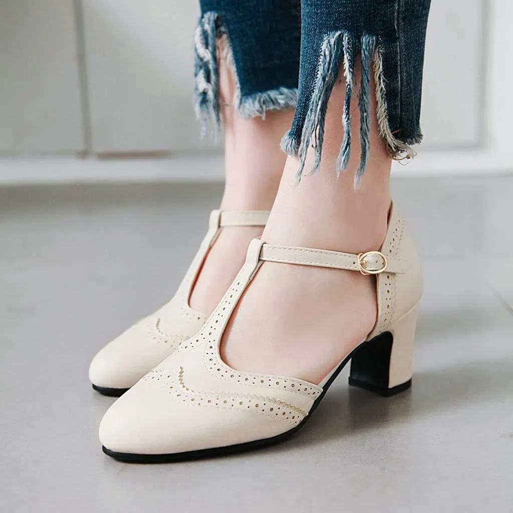 MIOKE Women's Vintage Mary Jane Pumps Round Toe Brogue Chunky Block Heel Classic Retro Dress Oxford Shoes