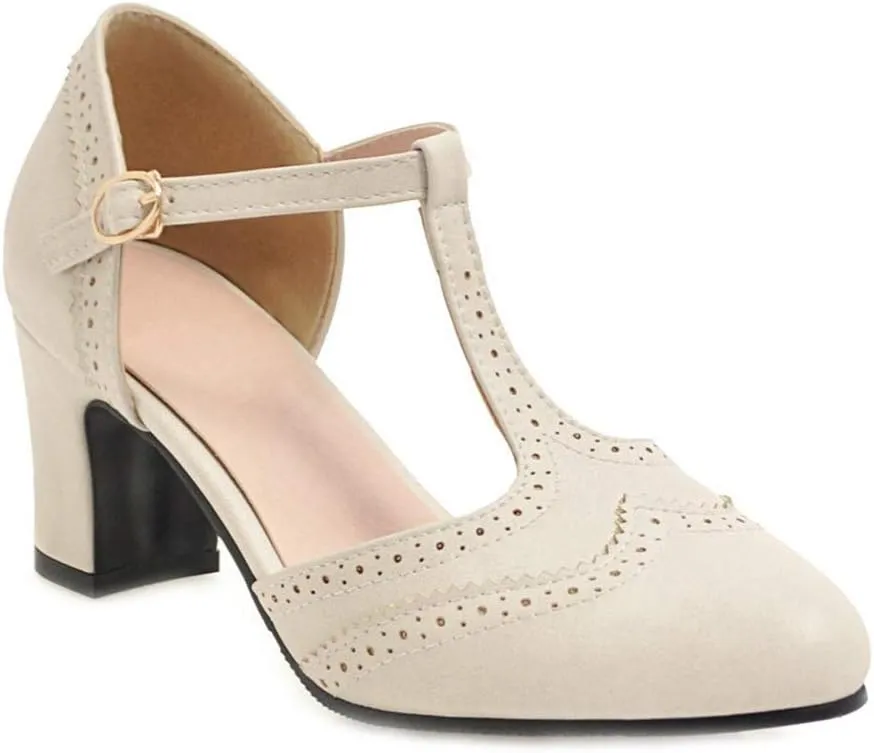 MIOKE Women's Vintage Mary Jane Pumps Round Toe Brogue Chunky Block Heel Classic Retro Dress Oxford Shoes