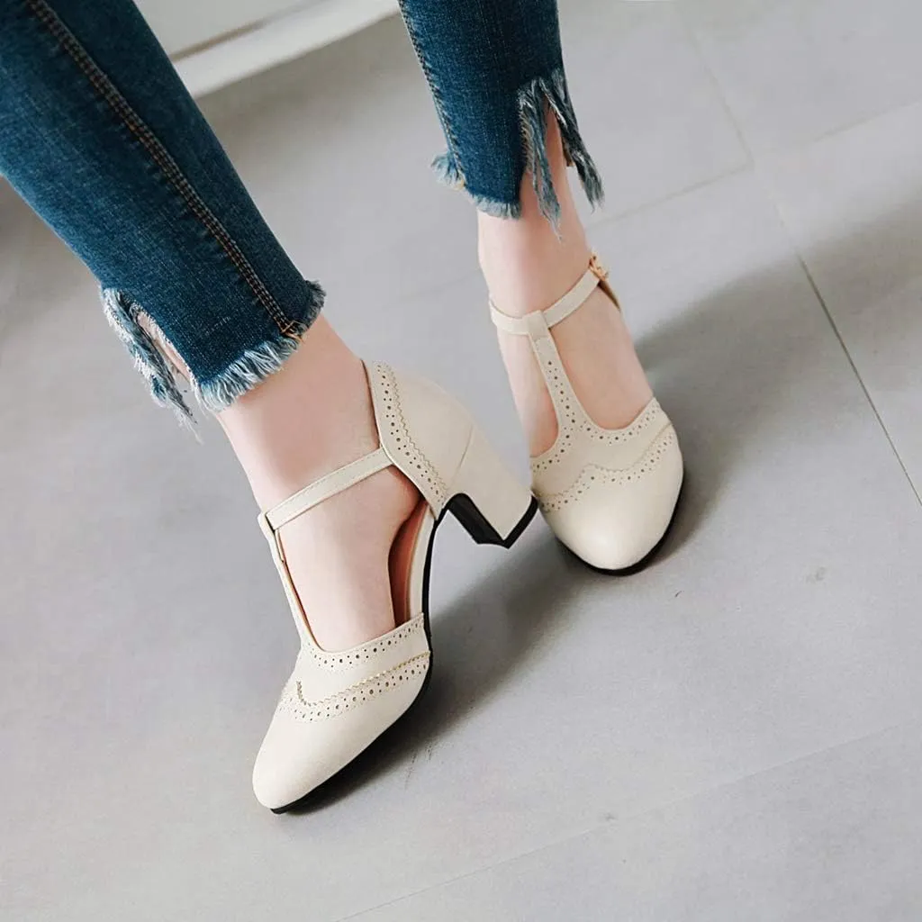 MIOKE Women's Vintage Mary Jane Pumps Round Toe Brogue Chunky Block Heel Classic Retro Dress Oxford Shoes