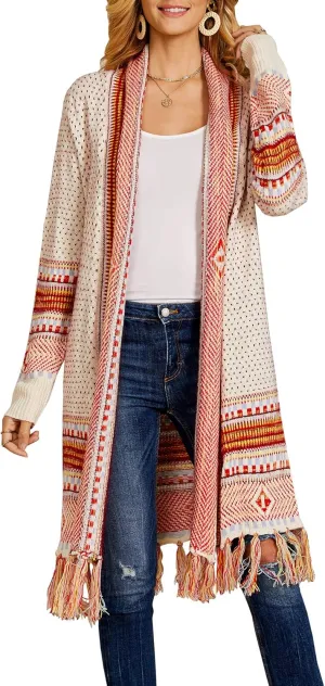 Misassy Womens Boho Open Front Long Cardigans Sweater Loose Long Sleeve Embroidery Tassels Kimono Duster Outwear
