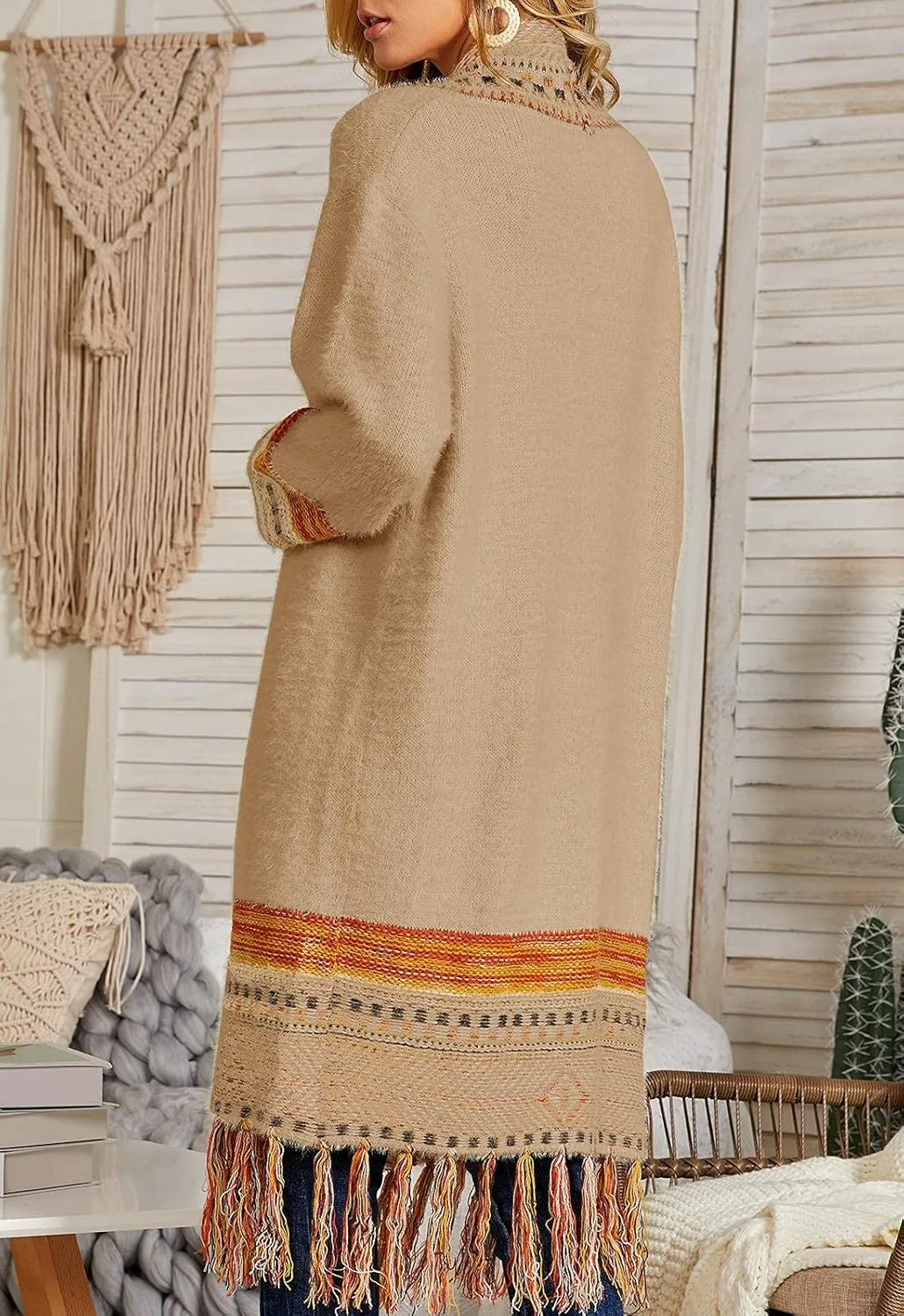 Misassy Womens Boho Open Front Long Cardigans Sweater Loose Long Sleeve Embroidery Tassels Kimono Duster Outwear