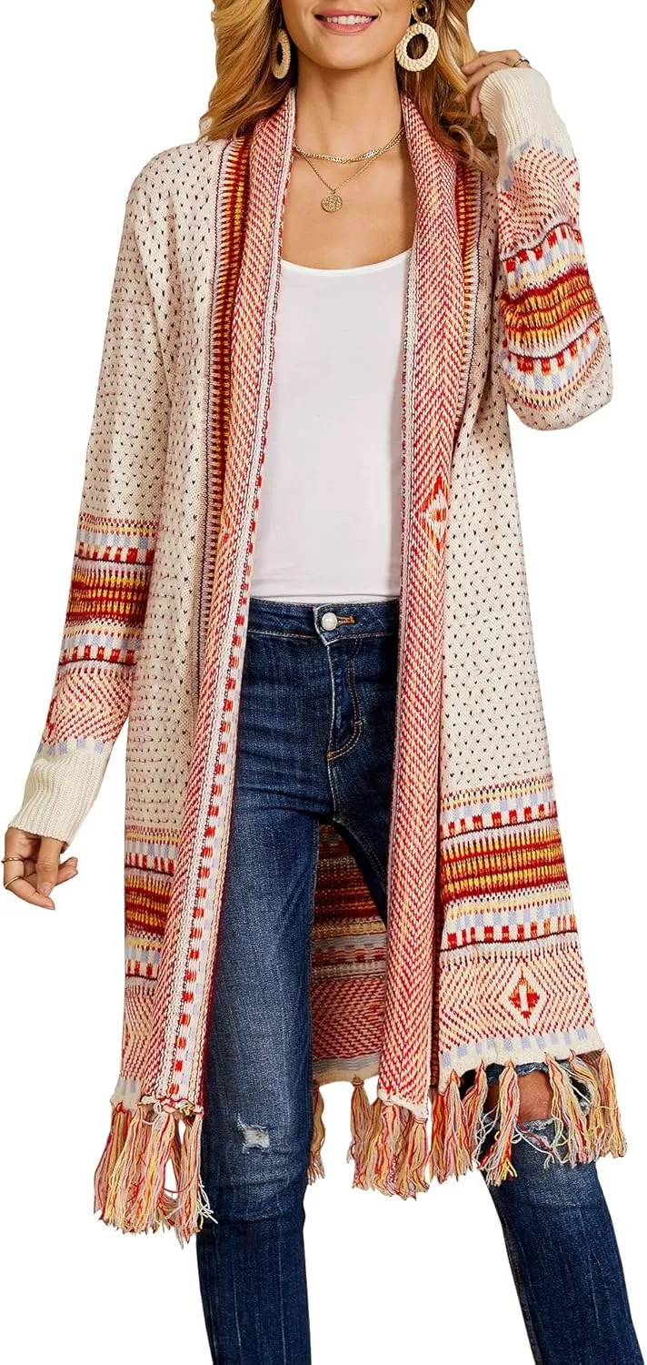 Misassy Womens Boho Open Front Long Cardigans Sweater Loose Long Sleeve Embroidery Tassels Kimono Duster Outwear