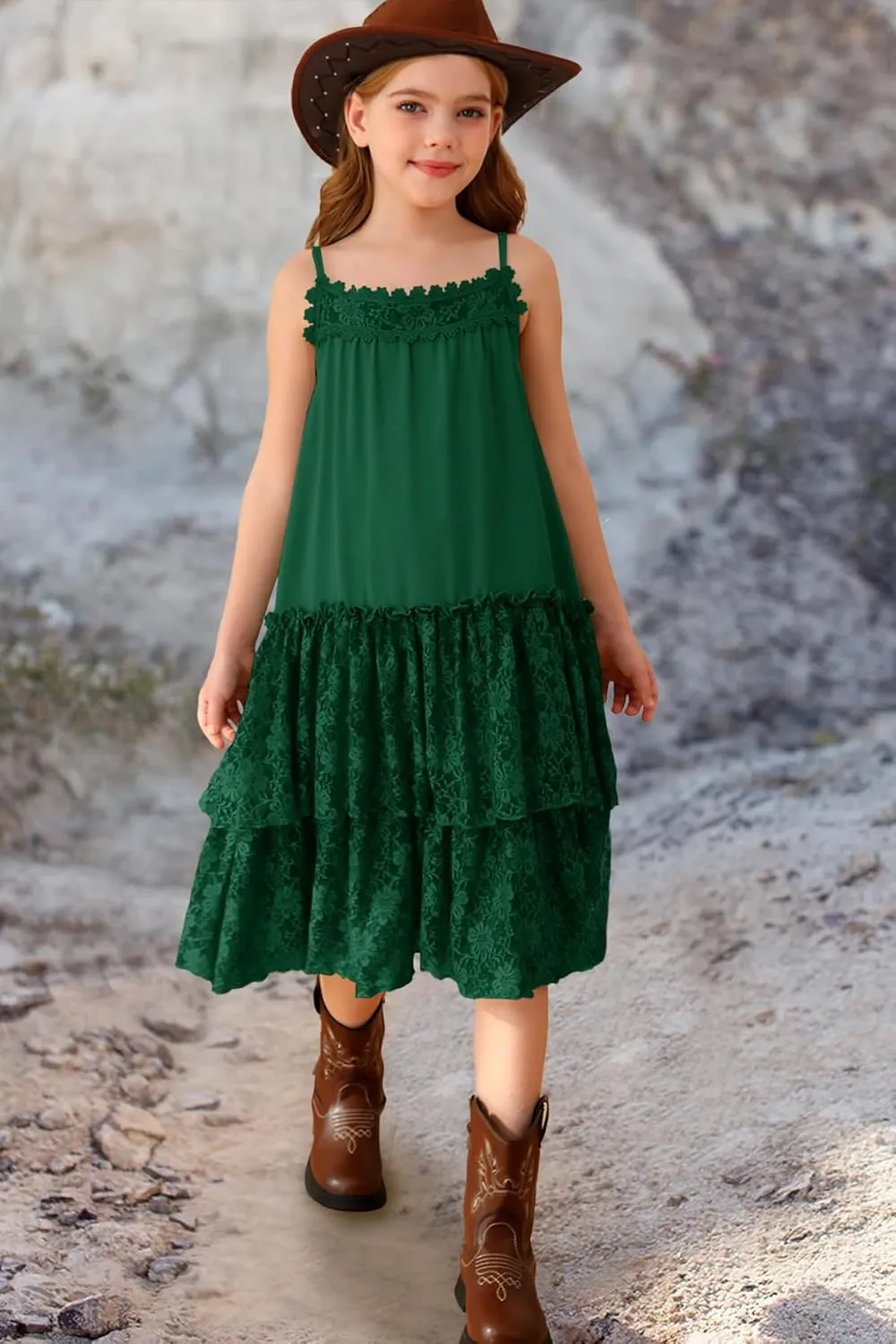 MITILLY Girls Boho Lace Backless Square Neck Sleeveless A Line Ruffle Tiered Flowy Long Party Dress