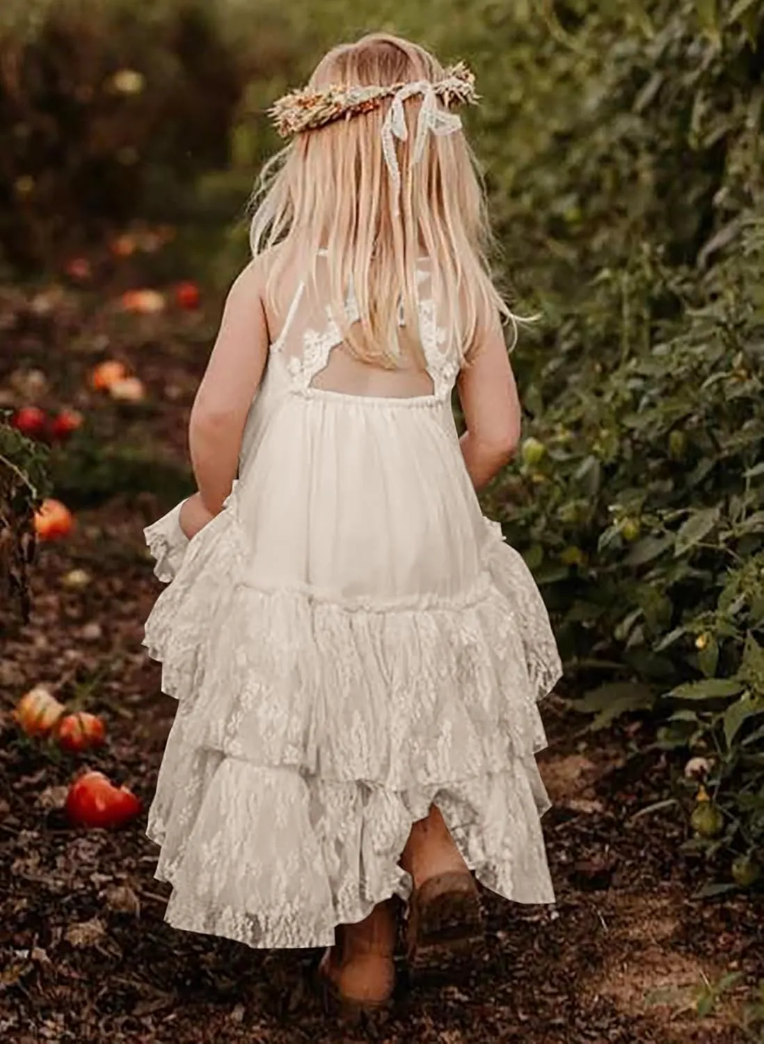 MITILLY Girls Boho Lace Backless Square Neck Sleeveless A Line Ruffle Tiered Flowy Long Party Dress