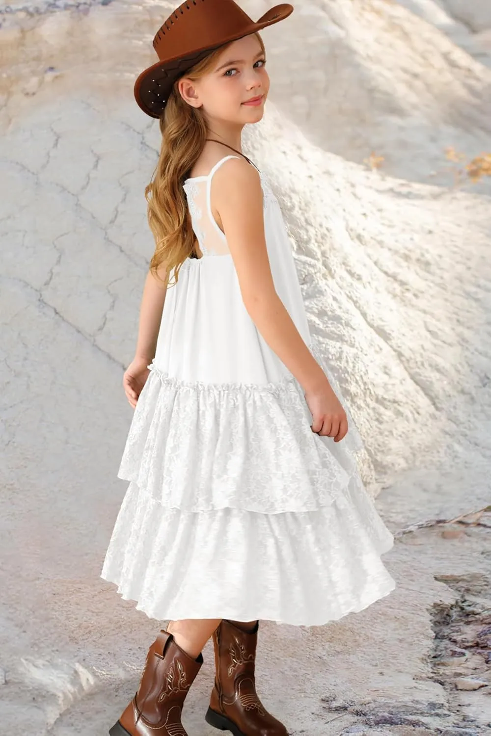 MITILLY Girls Boho Lace Backless Square Neck Sleeveless A Line Ruffle Tiered Flowy Long Party Dress