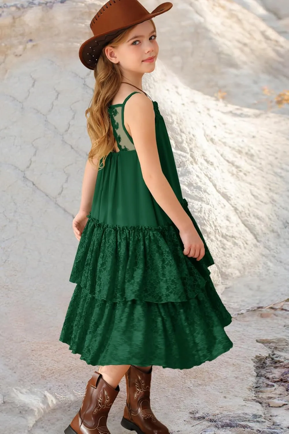 MITILLY Girls Boho Lace Backless Square Neck Sleeveless A Line Ruffle Tiered Flowy Long Party Dress