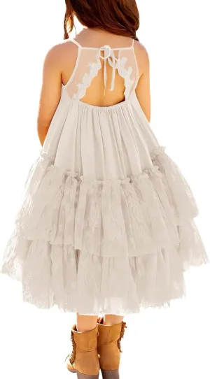 MITILLY Girls Boho Lace Backless Square Neck Sleeveless A Line Ruffle Tiered Flowy Long Party Dress