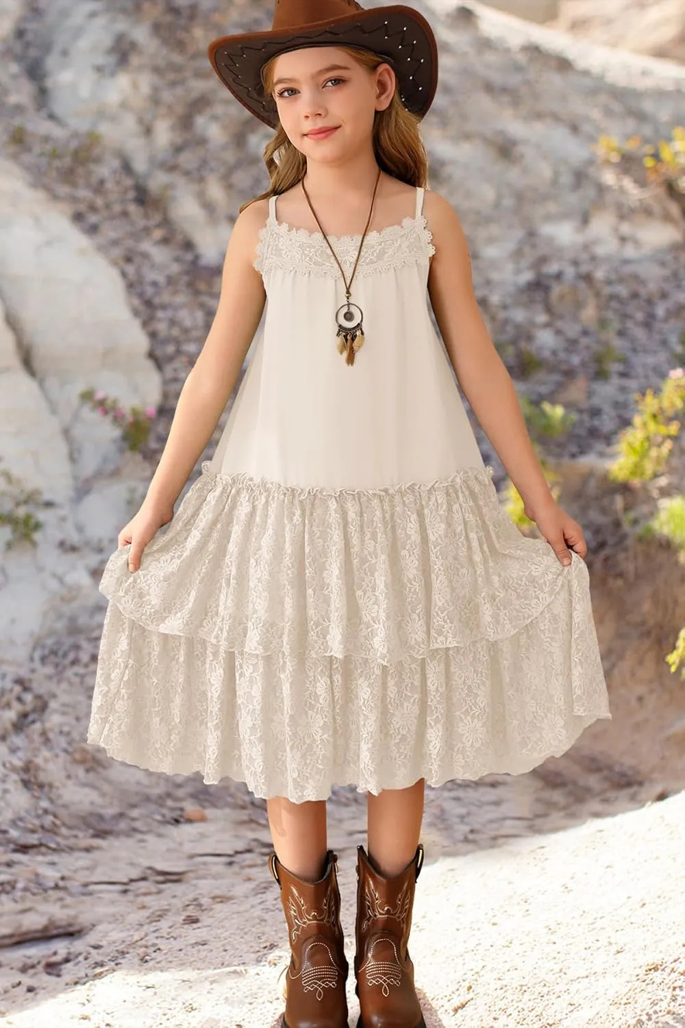 MITILLY Girls Boho Lace Backless Square Neck Sleeveless A Line Ruffle Tiered Flowy Long Party Dress