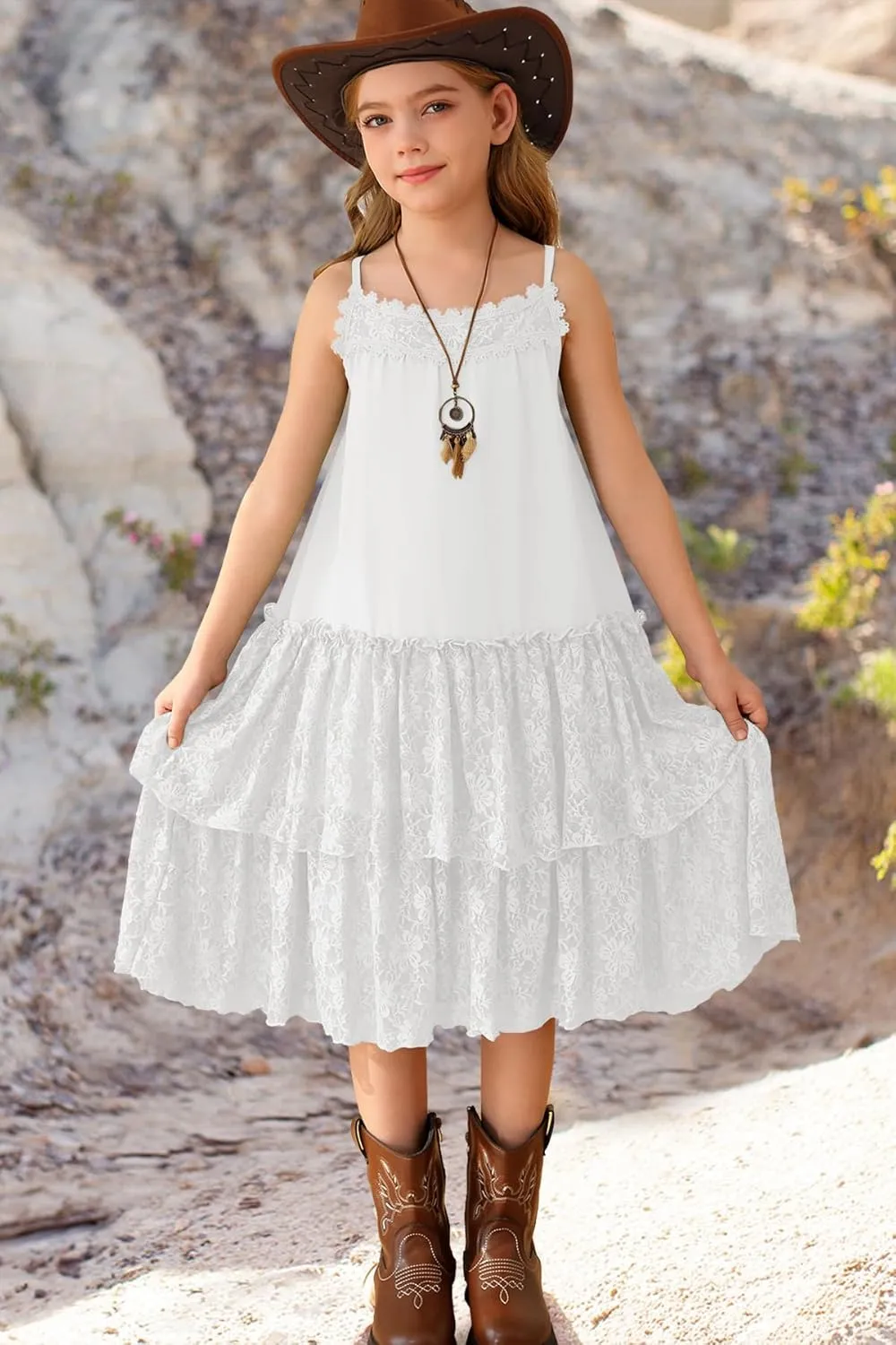 MITILLY Girls Boho Lace Backless Square Neck Sleeveless A Line Ruffle Tiered Flowy Long Party Dress