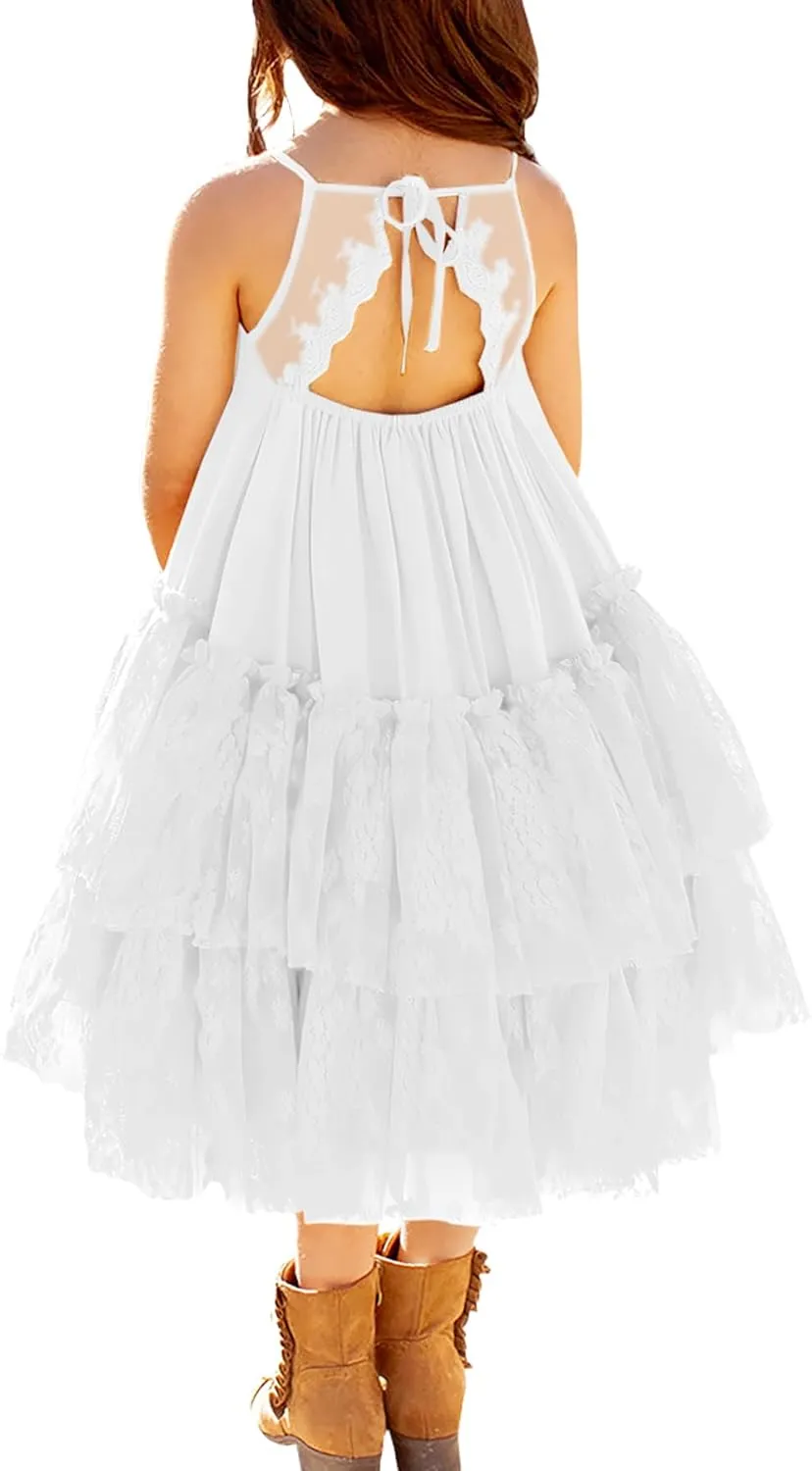 MITILLY Girls Boho Lace Backless Square Neck Sleeveless A Line Ruffle Tiered Flowy Long Party Dress