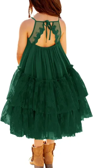MITILLY Girls Boho Lace Backless Square Neck Sleeveless A Line Ruffle Tiered Flowy Long Party Dress